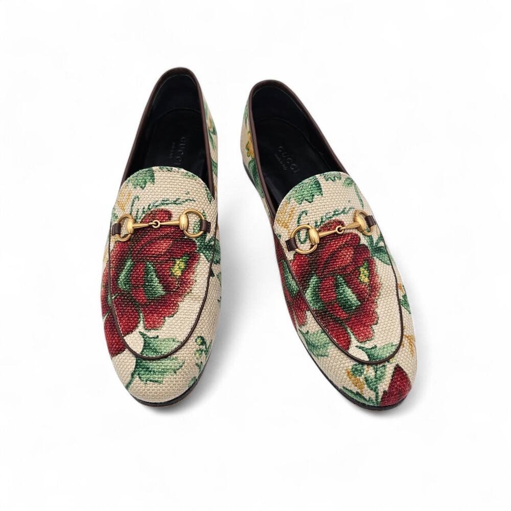 Gucci Jordaan Horsebit Flat Loafer Beige Floral Canvas Slip On Gold Size 38 US 8